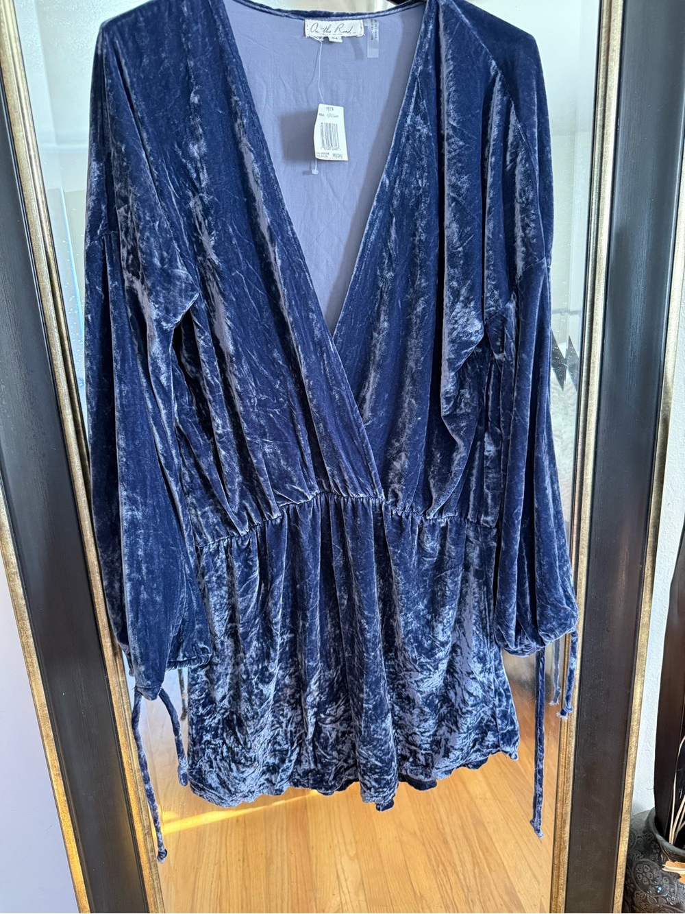 On The Road Boho Deep V Blue Velvet Long Sleeve Romper